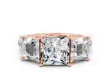 Rose gold Three-Stone Princess Cut Moissanite Ring with Round  Pavé Band and Prong Setting_12
