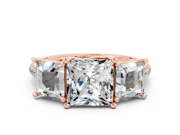 Rose gold Three-Stone Princess Cut Moissanite Ring with Round  Pavé Band and Prong Setting