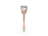 Rose gold Three-Stone Princess Cut Moissanite Ring with Round  Pavé Band and Prong Setting_14
