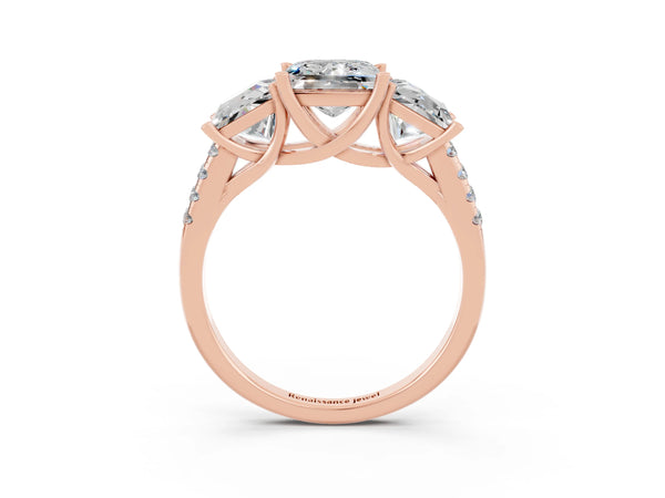 Rose gold Three-Stone Princess Cut Moissanite Ring with Round  Pavé Band and Prong Setting