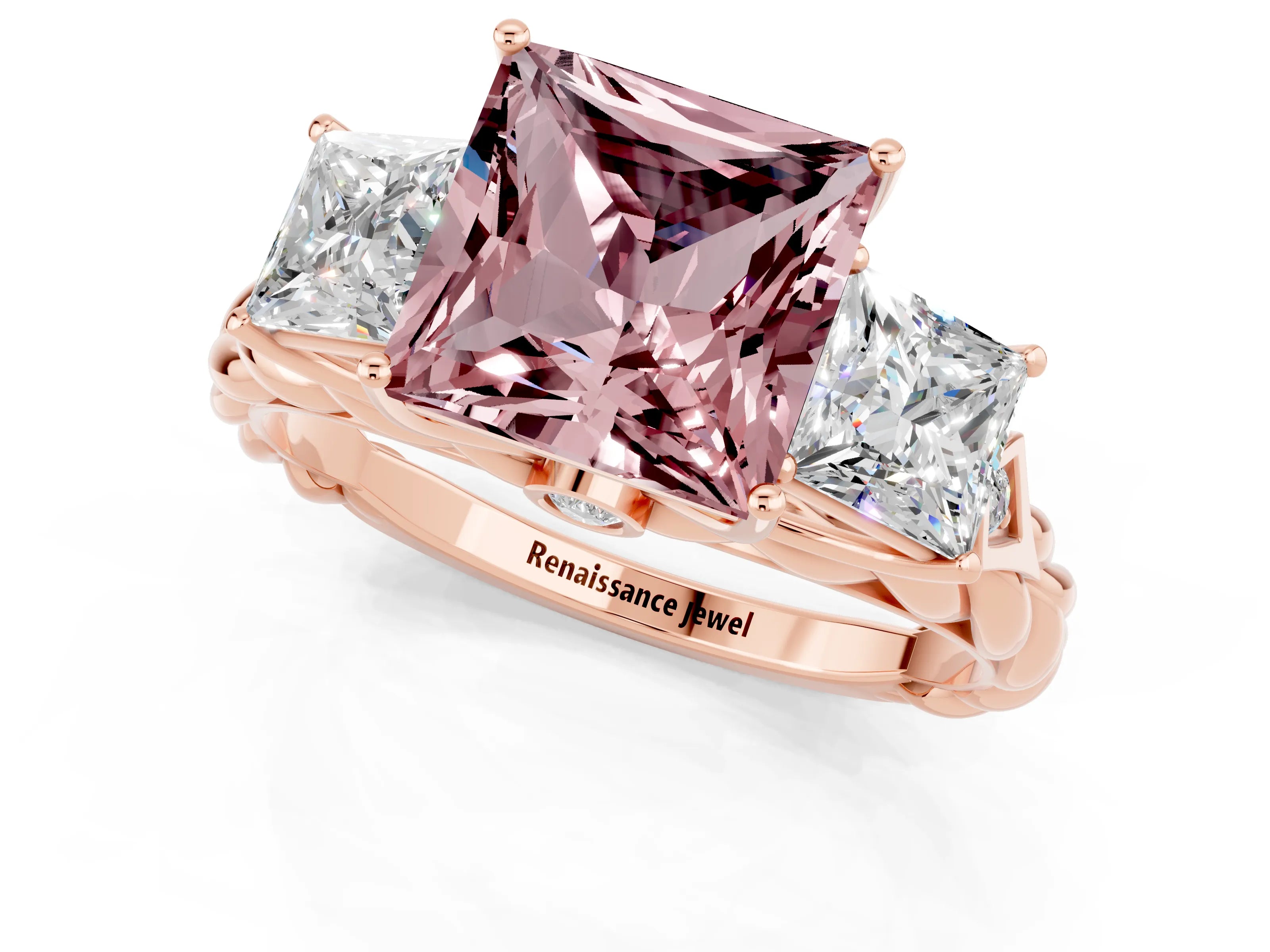 Rose gold Three-Stone Princess Cut Morganite Braided Band Ring with Four-Prong Setting_46