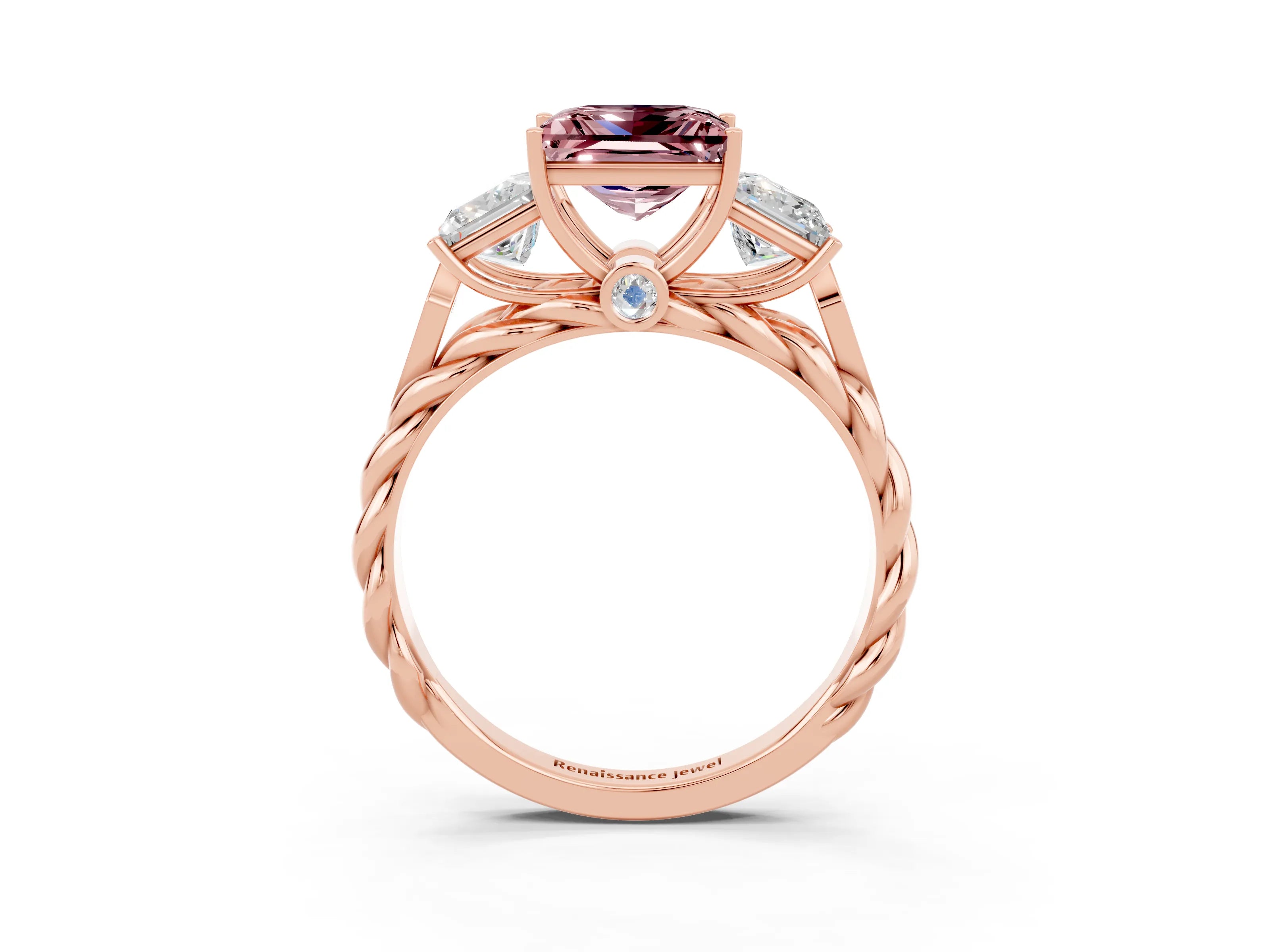 Rose gold Three-Stone Princess Cut Morganite Braided Band Ring with Four-Prong Setting_48