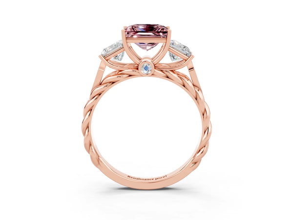 Rose gold Three-Stone Princess Cut Morganite Braided Band Ring with Four-Prong Setting