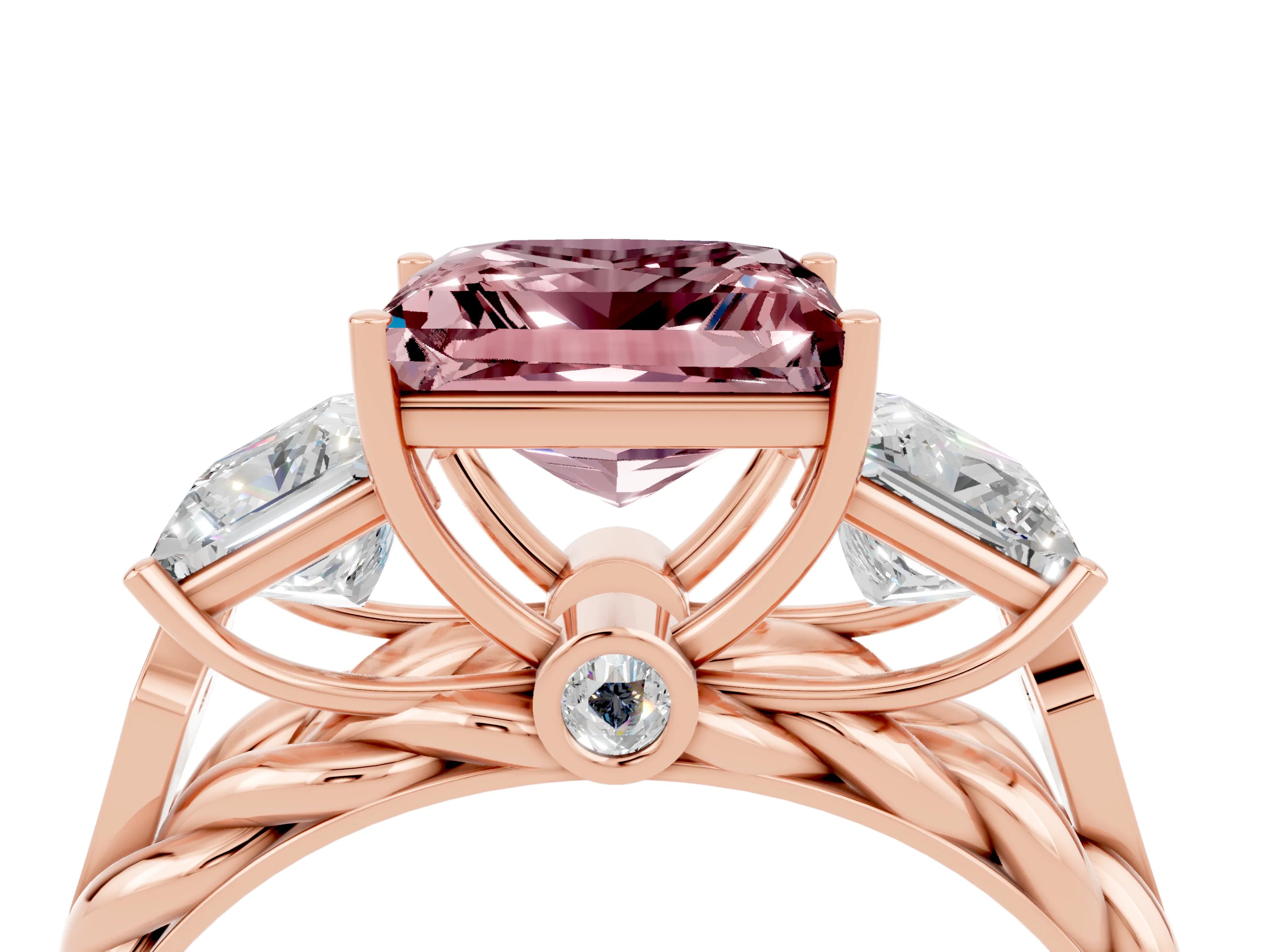 Rose gold Three-Stone Princess Cut Morganite Braided Band Ring with Four-Prong Setting_49