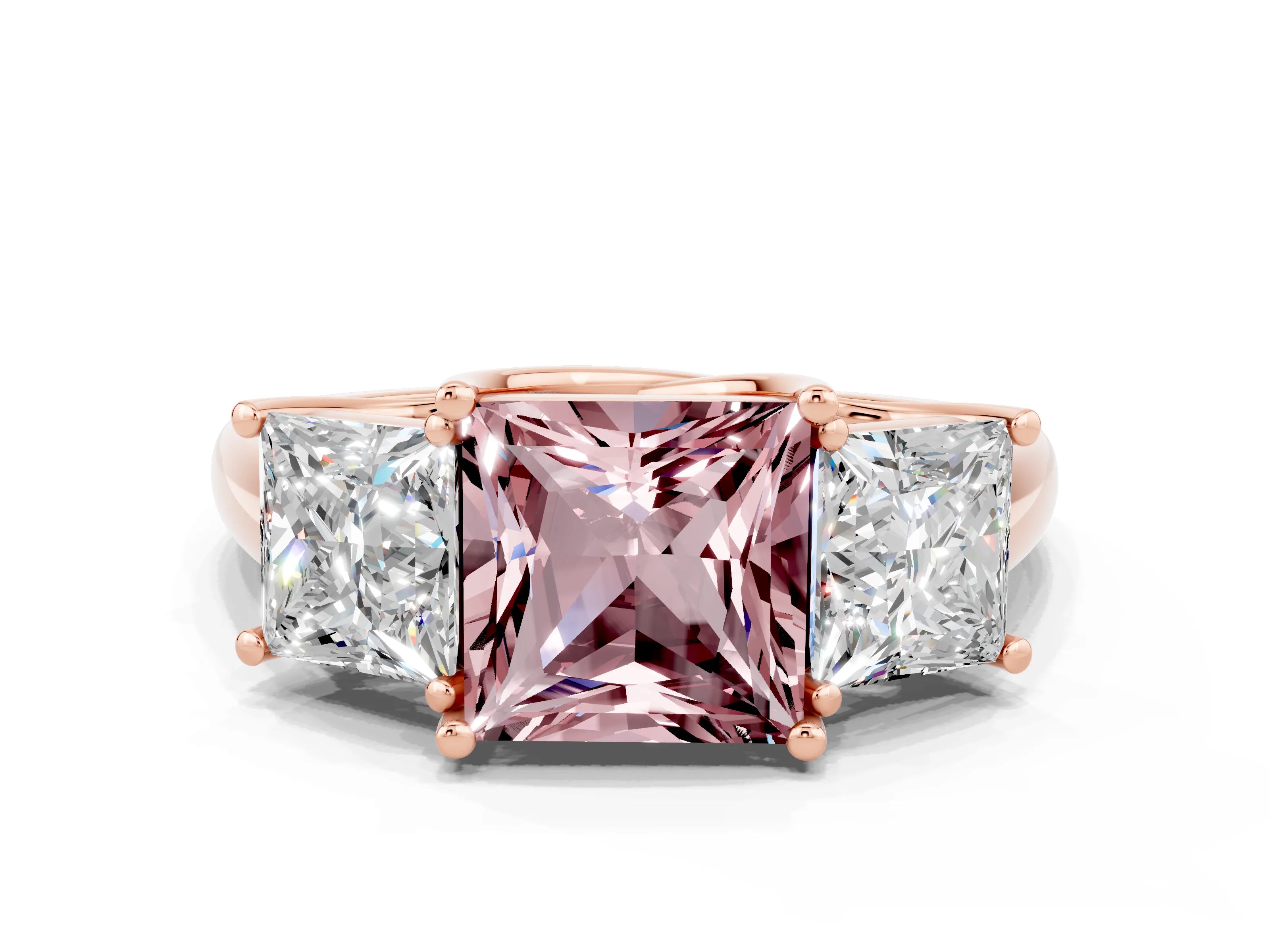 Rose gold Three-Stone Princess Cut Morganite Engagement Ring with Prong Setting