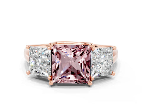 Rose gold Three-Stone Princess Cut Morganite Engagement Ring with Prong Setting
