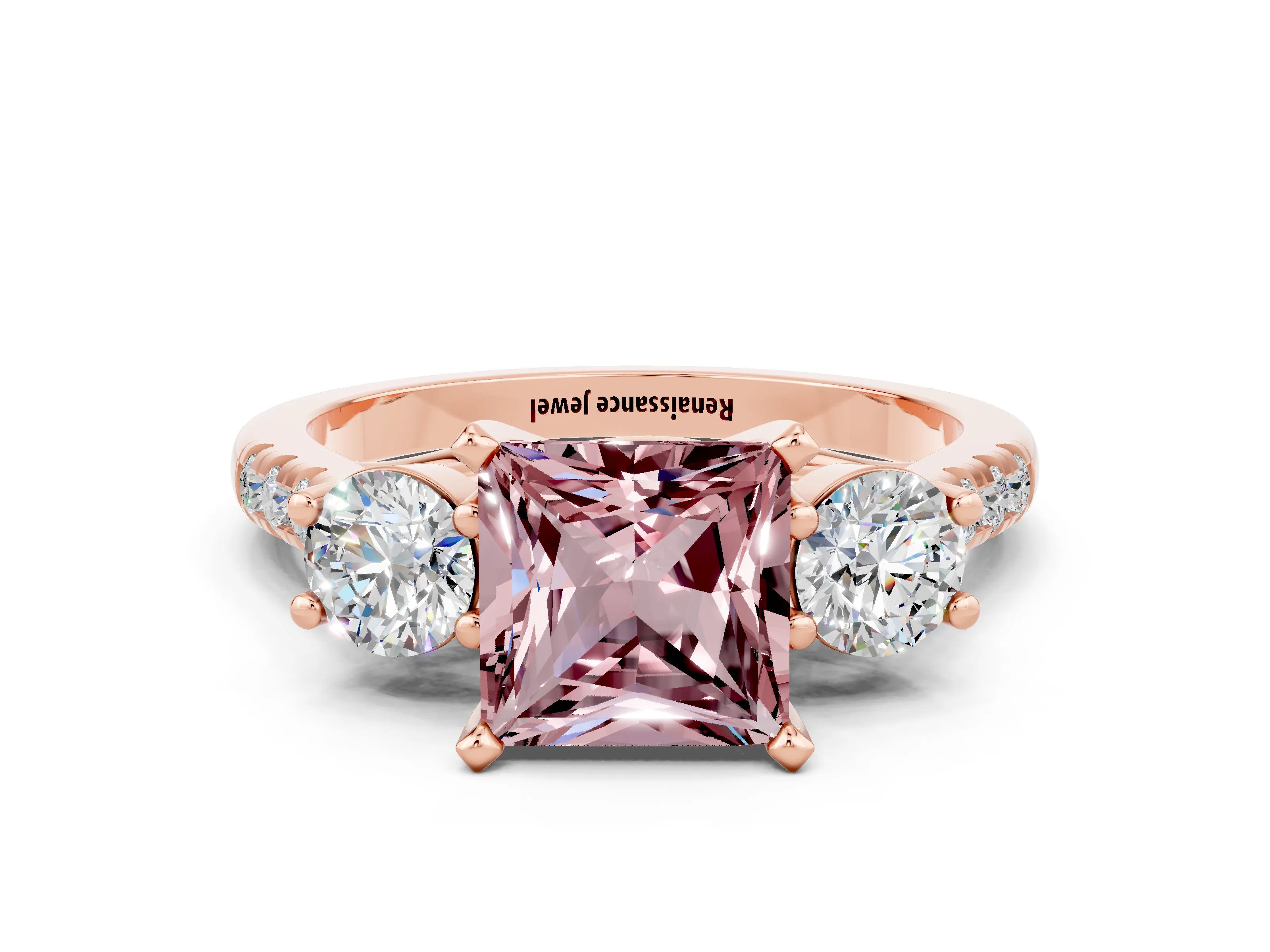 Rose gold Three-Stone Princess Cut Morganite Pavé Band with Four-Prong Setting