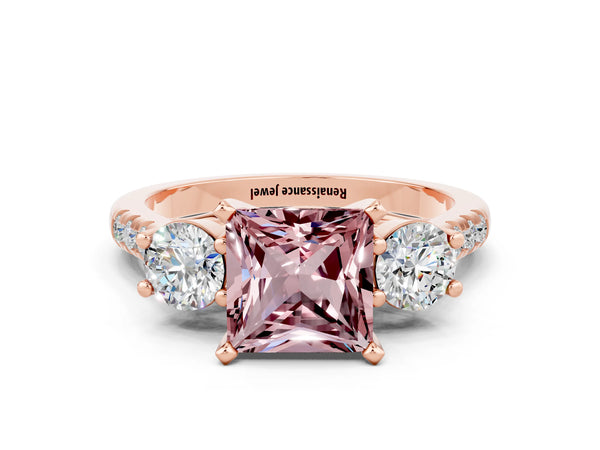 Rose gold Three-Stone Princess Cut Morganite Pavé Band with Four-Prong Setting