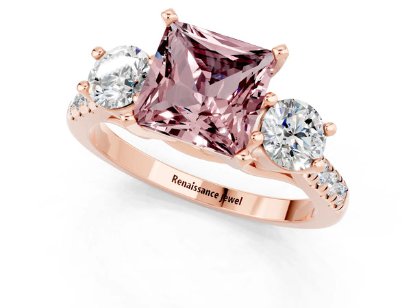Rose gold Three-Stone Princess Cut Morganite Pavé Band with Four-Prong Setting