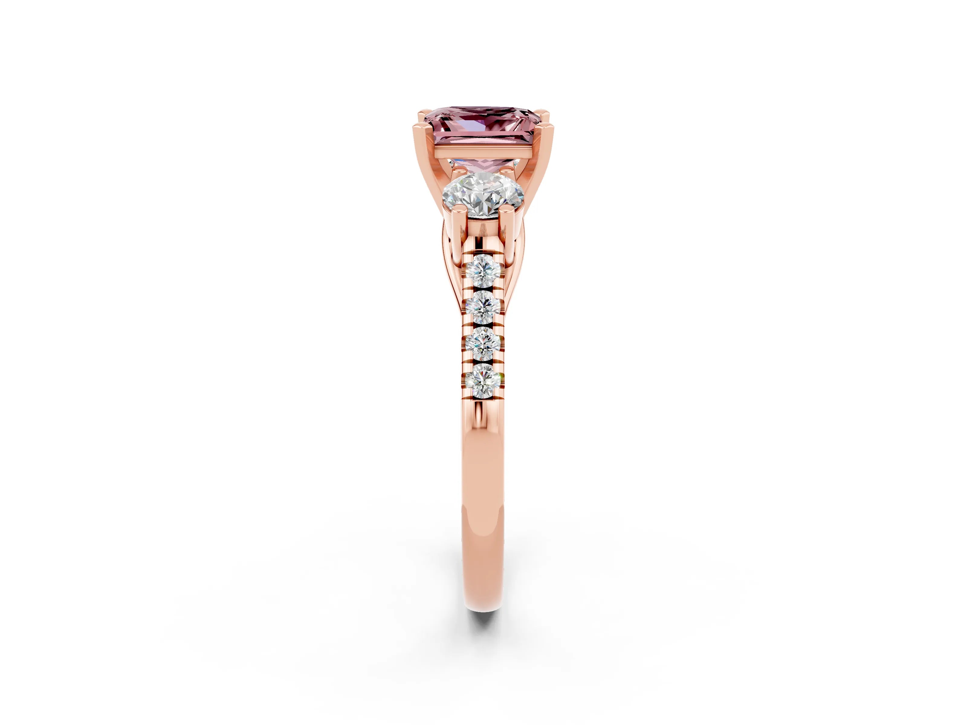Rose gold Three-Stone Princess Cut Morganite Pavé Band with Four-Prong Setting_2