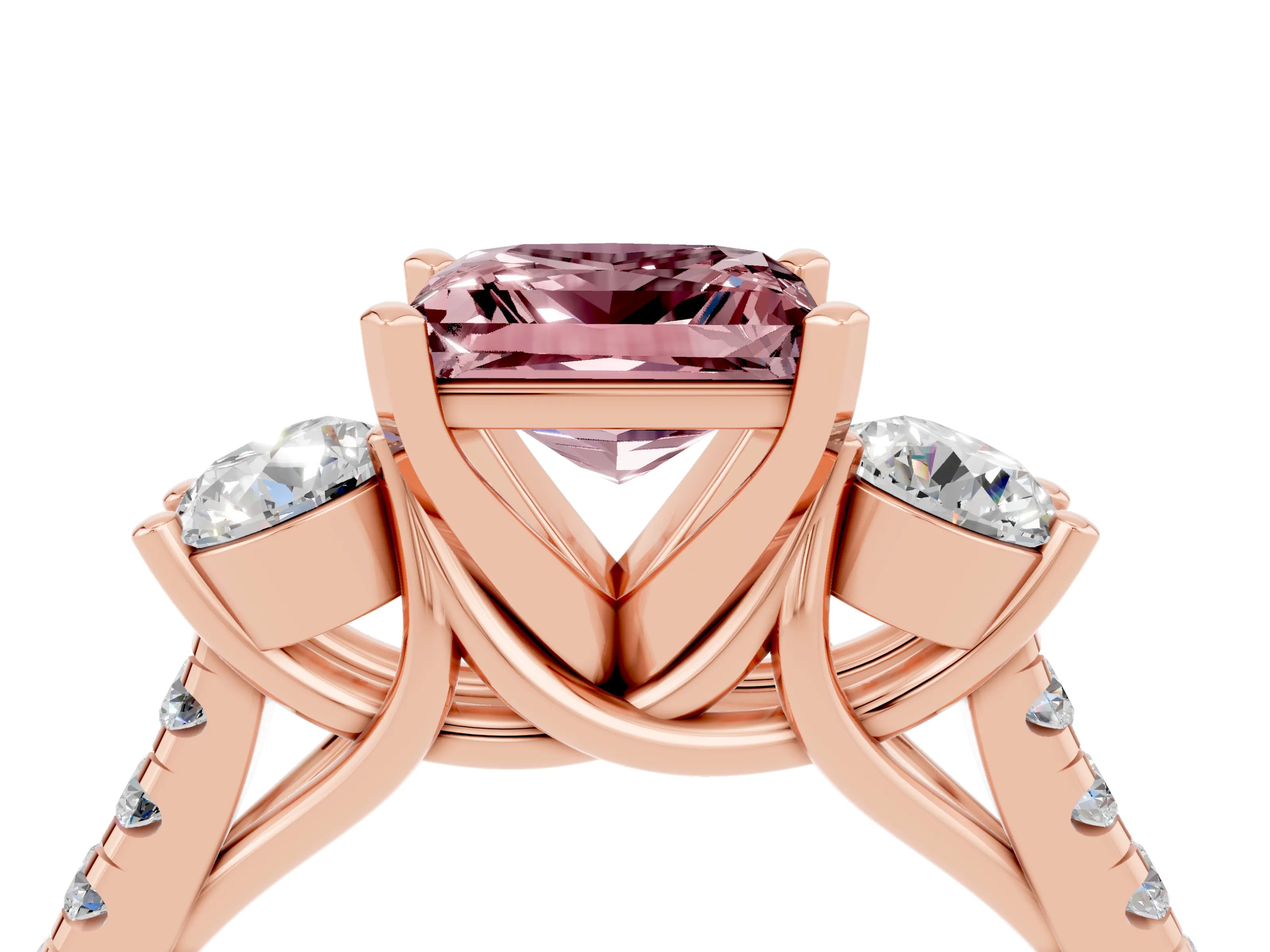 Rose gold Three-Stone Princess Cut Morganite Pavé Band with Four-Prong Setting_4