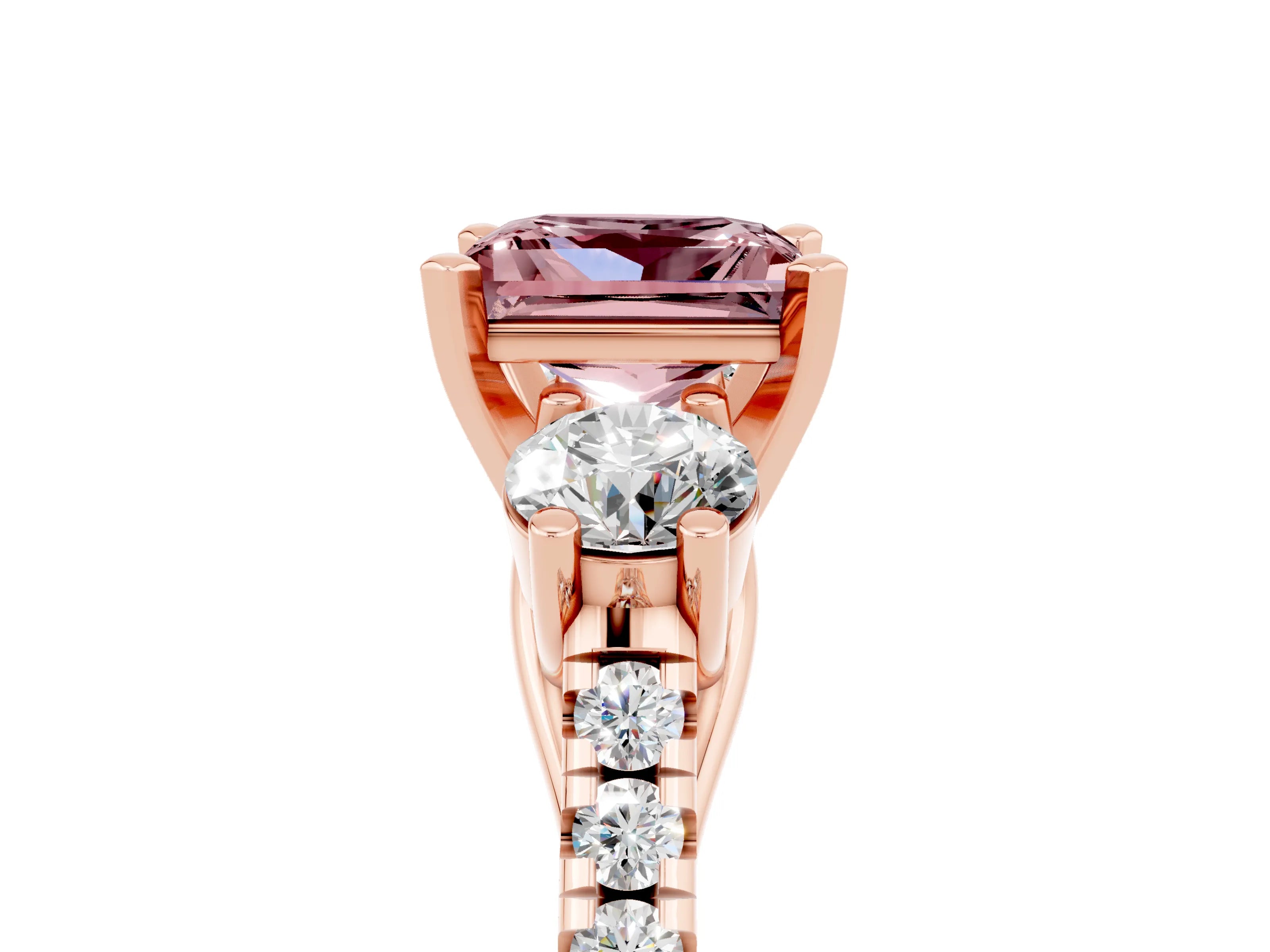 Rose gold Three-Stone Princess Cut Morganite Pavé Band with Four-Prong Setting_5