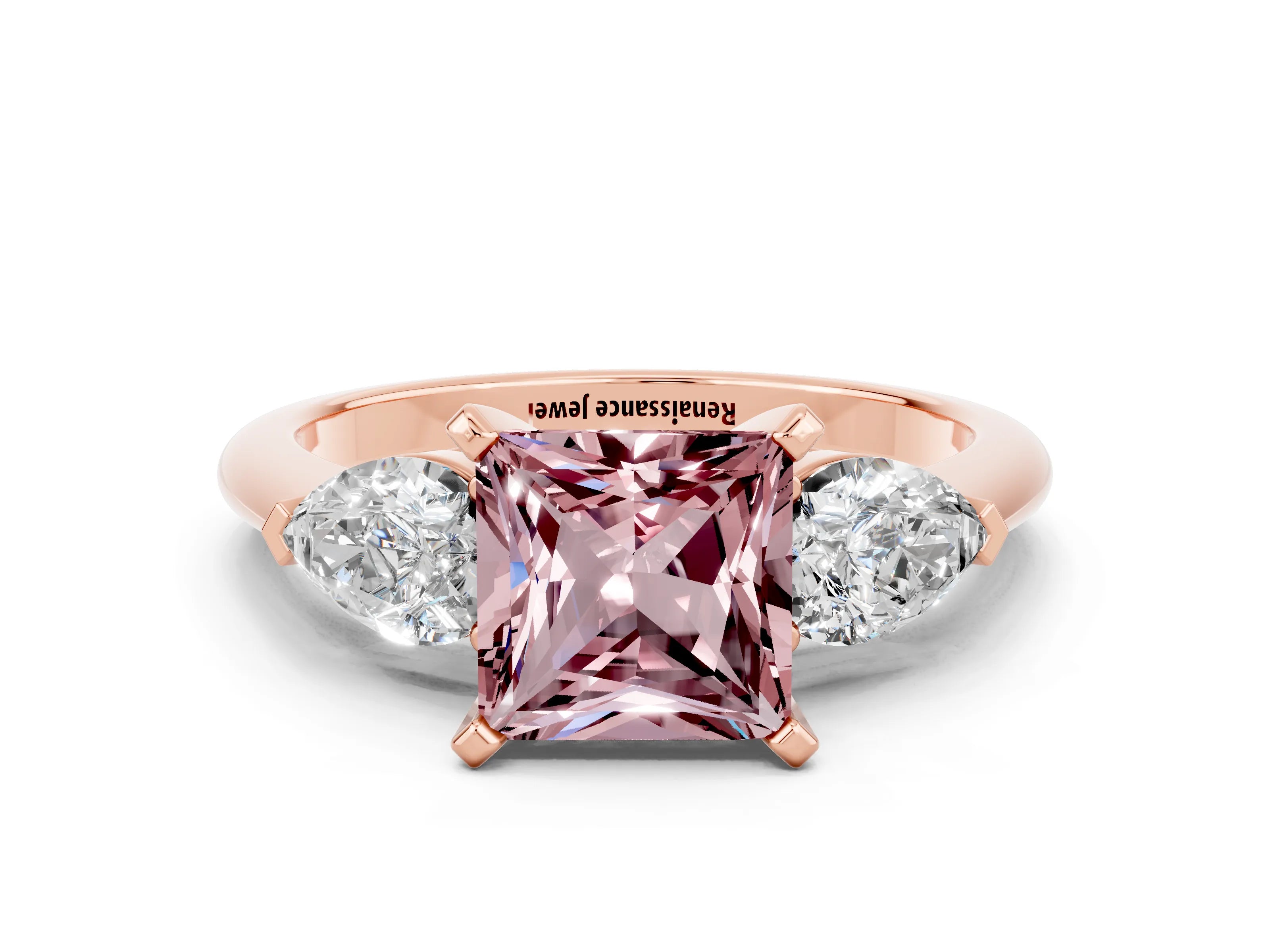 Rose gold Three-Stone Princess Cut Morganite Ring with Pear Side Stones and Four-Prong Setting