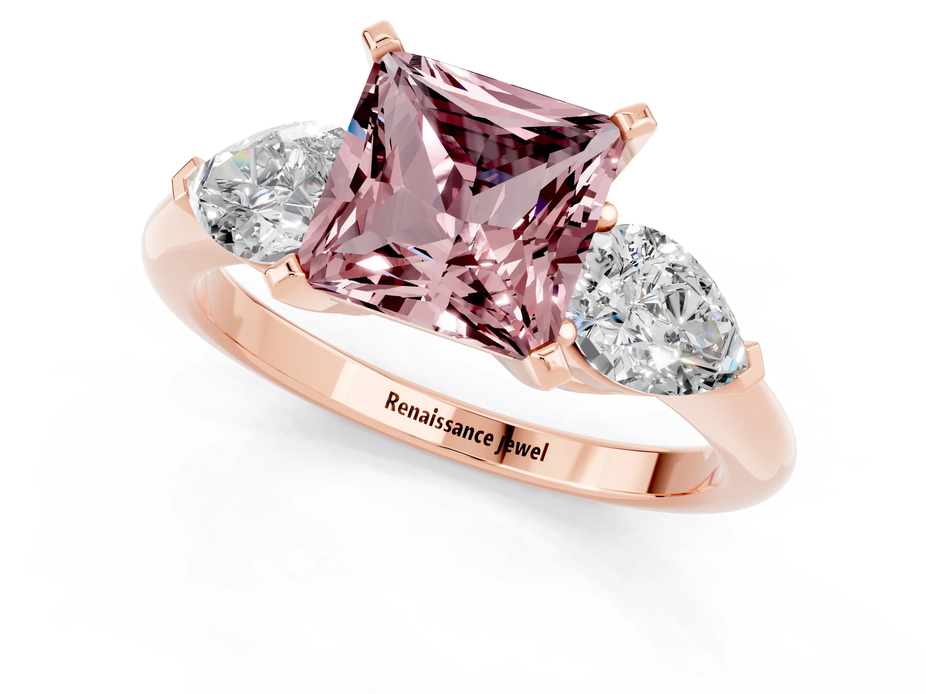 Rose gold Three-Stone Princess Cut Morganite Ring with Pear Side Stones and Four-Prong Setting_1