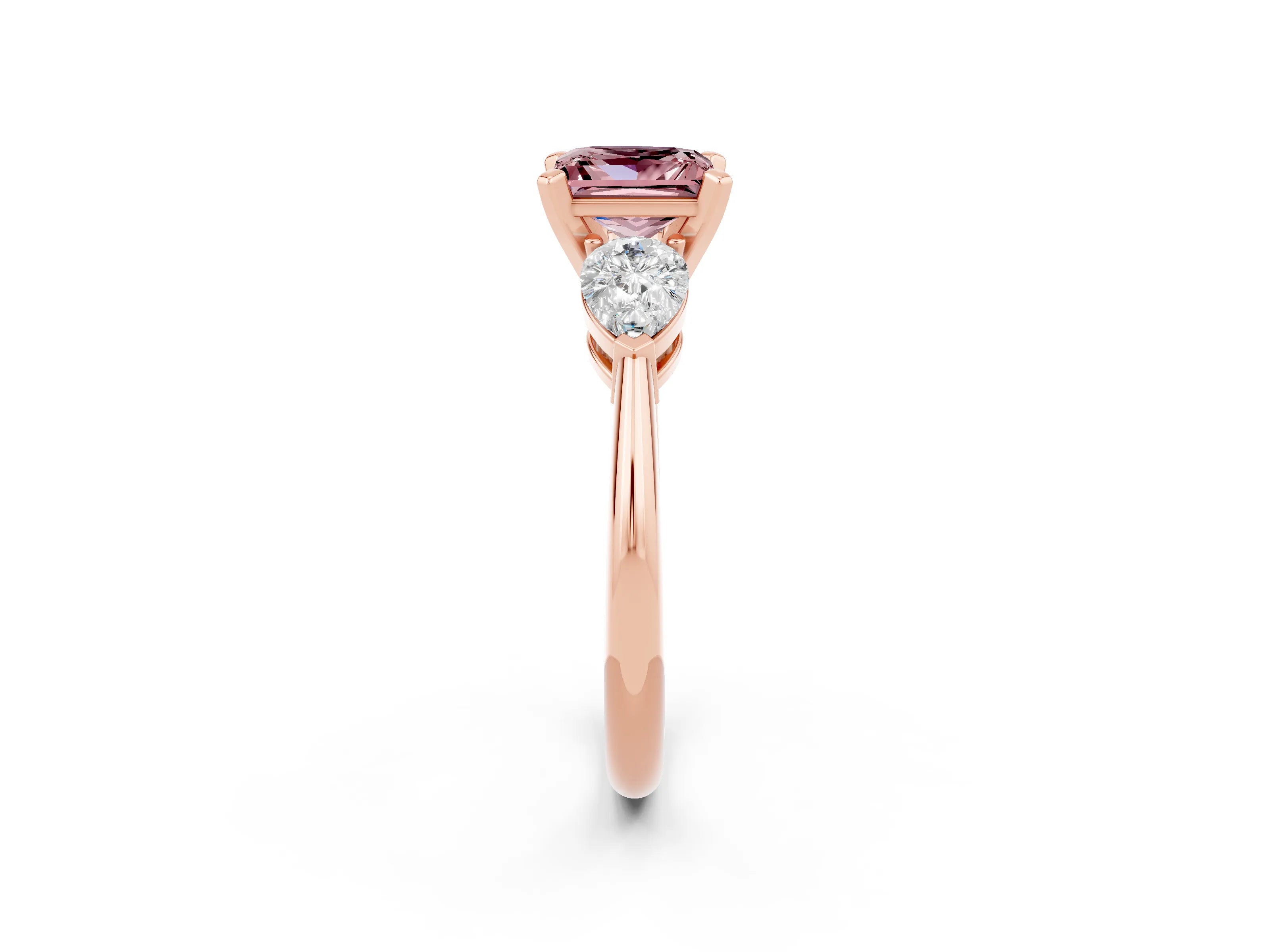 Rose gold Three-Stone Princess Cut Morganite Ring with Pear Side Stones and Four-Prong Setting_2