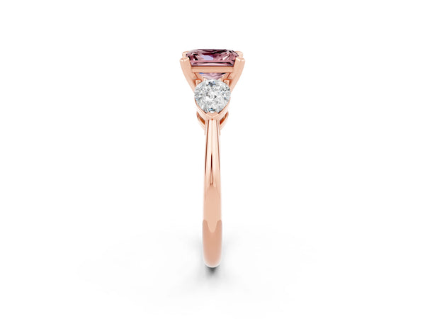 Rose gold Three-Stone Princess Cut Morganite Ring with Pear Side Stones and Four-Prong Setting