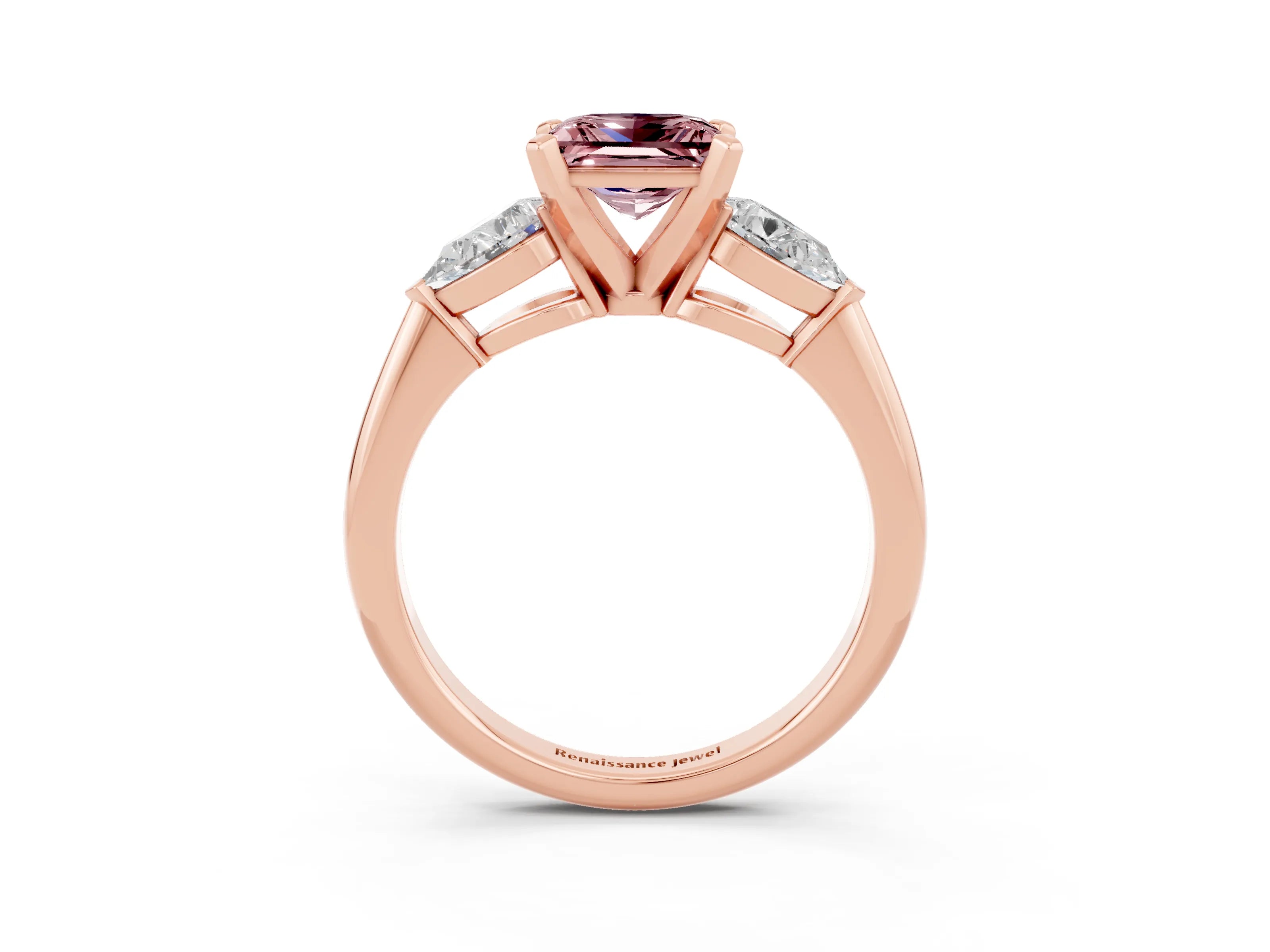 Rose gold Three-Stone Princess Cut Morganite Ring with Pear Side Stones and Four-Prong Setting_3