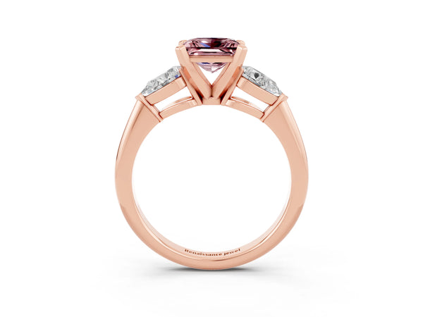 Rose gold Three-Stone Princess Cut Morganite Ring with Pear Side Stones and Four-Prong Setting