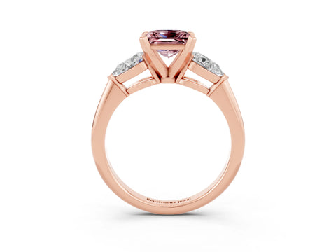 Rose gold Three-Stone Princess Cut Morganite Ring with Pear Side Stones and Four-Prong Setting_3