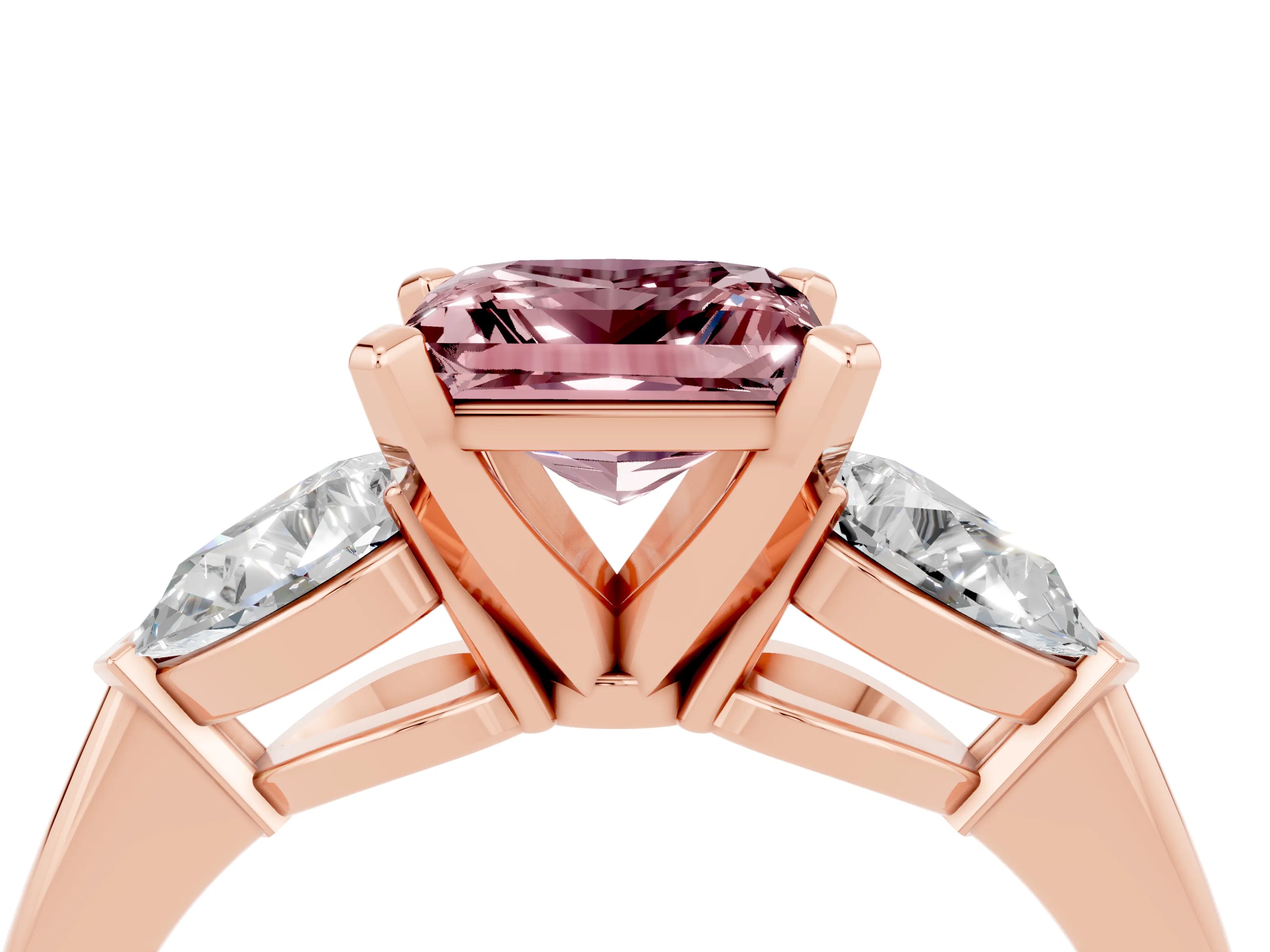 Rose gold Three-Stone Princess Cut Morganite Ring with Pear Side Stones and Four-Prong Setting_4