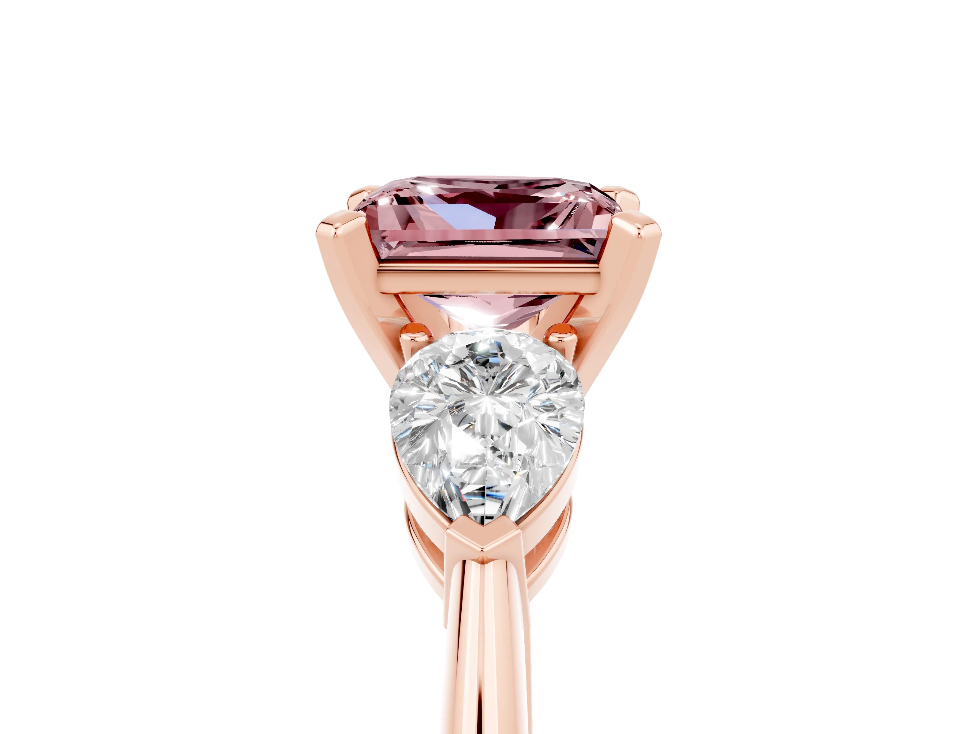 Rose gold Three-Stone Princess Cut Morganite Ring with Pear Side Stones and Four-Prong Setting_5