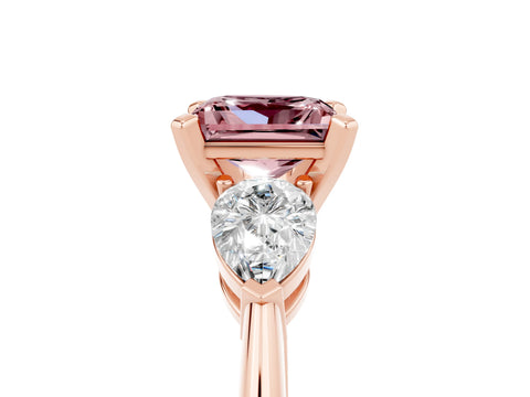 Rose gold Three-Stone Princess Cut Morganite Ring with Pear Side Stones and Four-Prong Setting_5