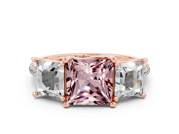 Rose gold Three-Stone Princess Cut Morganite Ring with Round  Pavé Band and Prong Setting