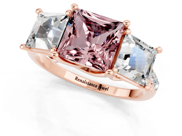 Rose gold Three-Stone Princess Cut Morganite Ring with Round  Pavé Band and Prong Setting