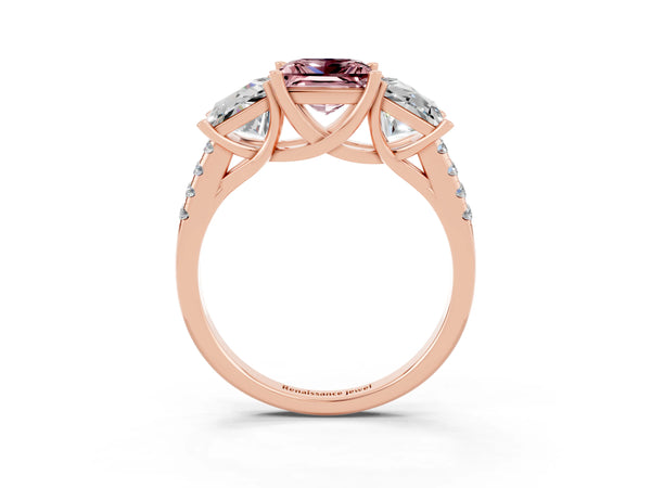 Rose gold Three-Stone Princess Cut Morganite Ring with Round  Pavé Band and Prong Setting