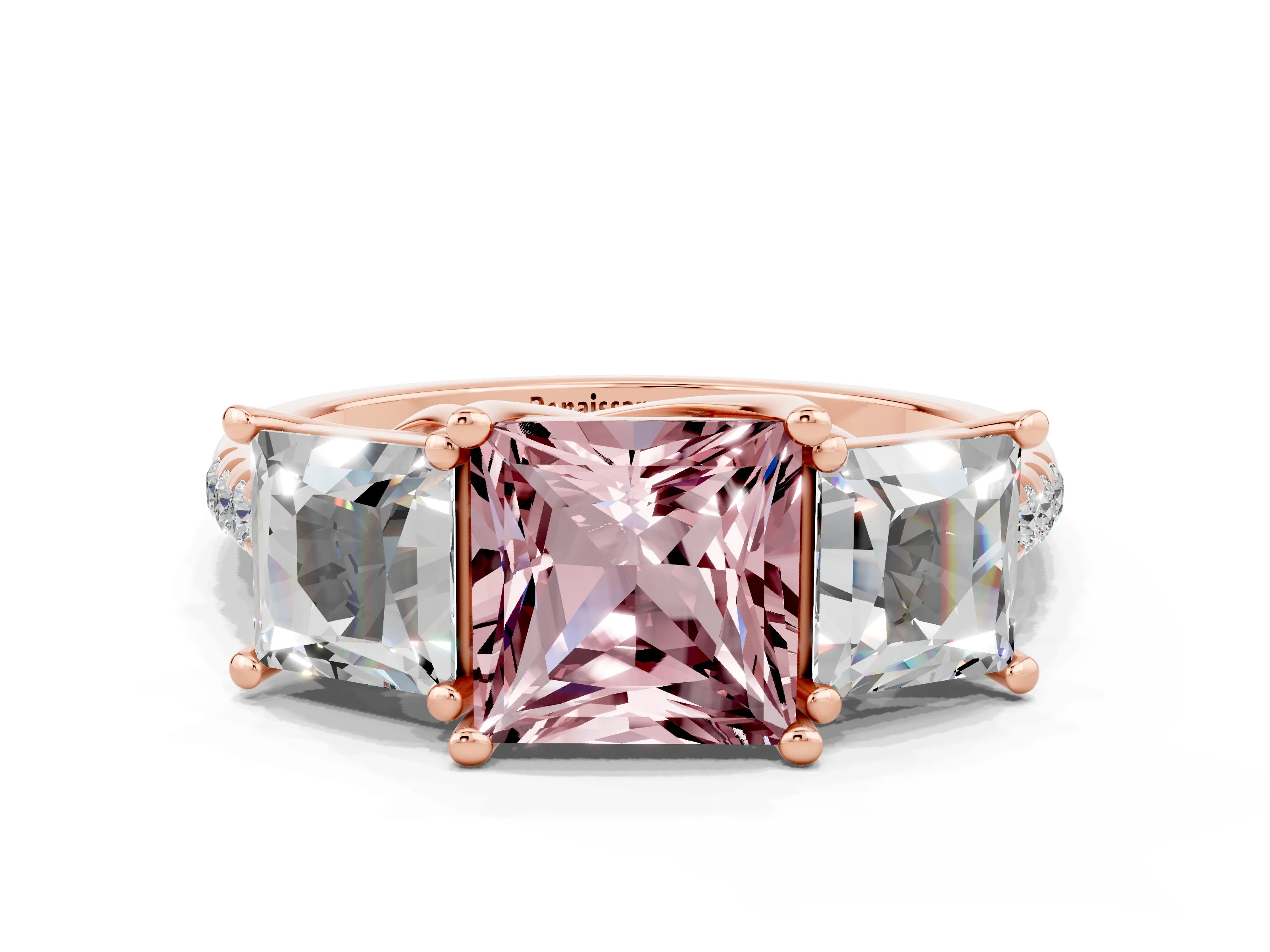 Rose gold Three-Stone Princess Cut Morganite Ring with Round  Pavé Band and Prong Setting_24