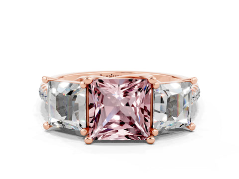 Rose gold Three-Stone Princess Cut Morganite Ring with Round  Pavé Band and Prong Setting_24