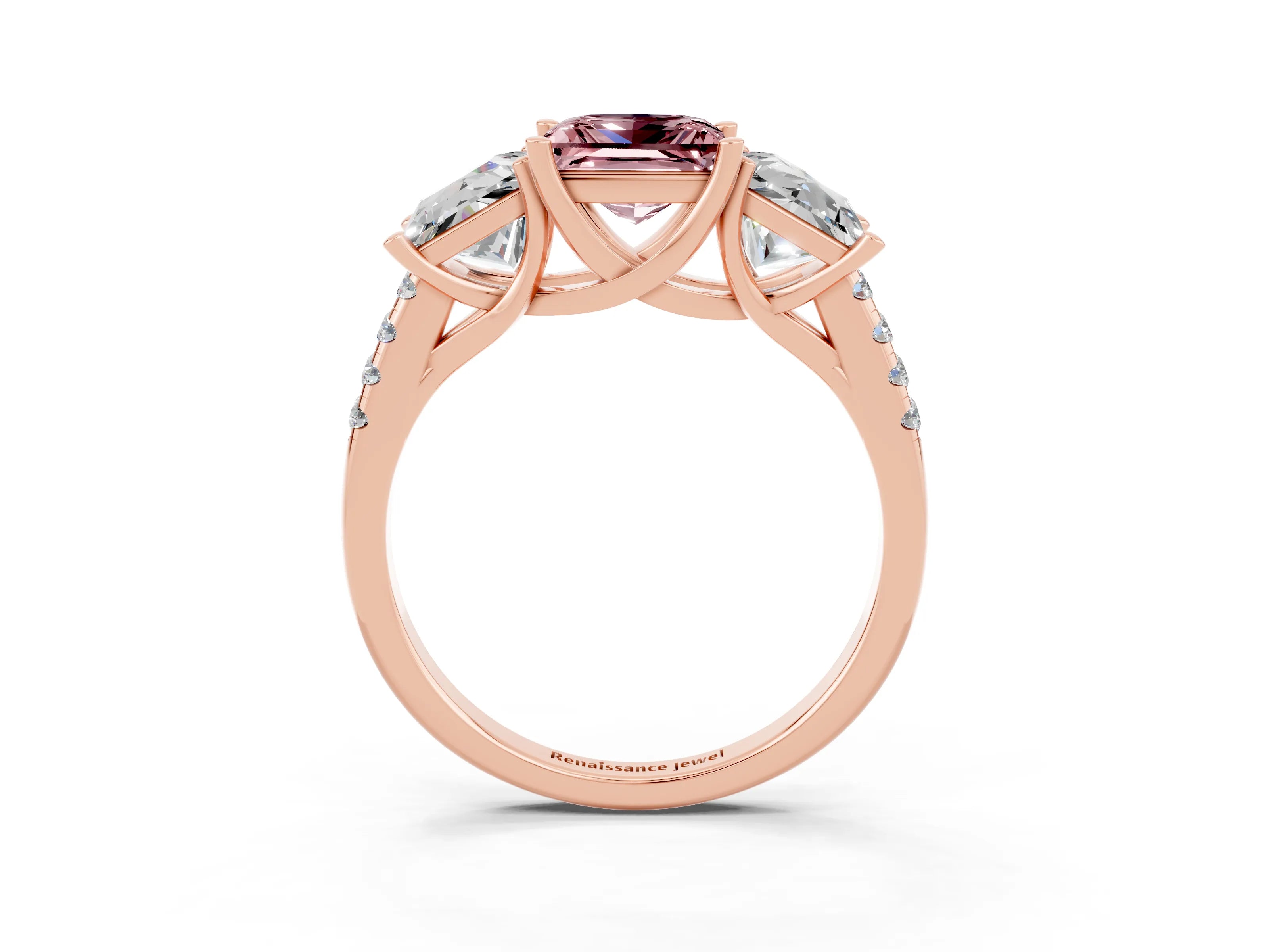 Rose gold Three-Stone Princess Cut Morganite Ring with Round  Pavé Band and Prong Setting_27
