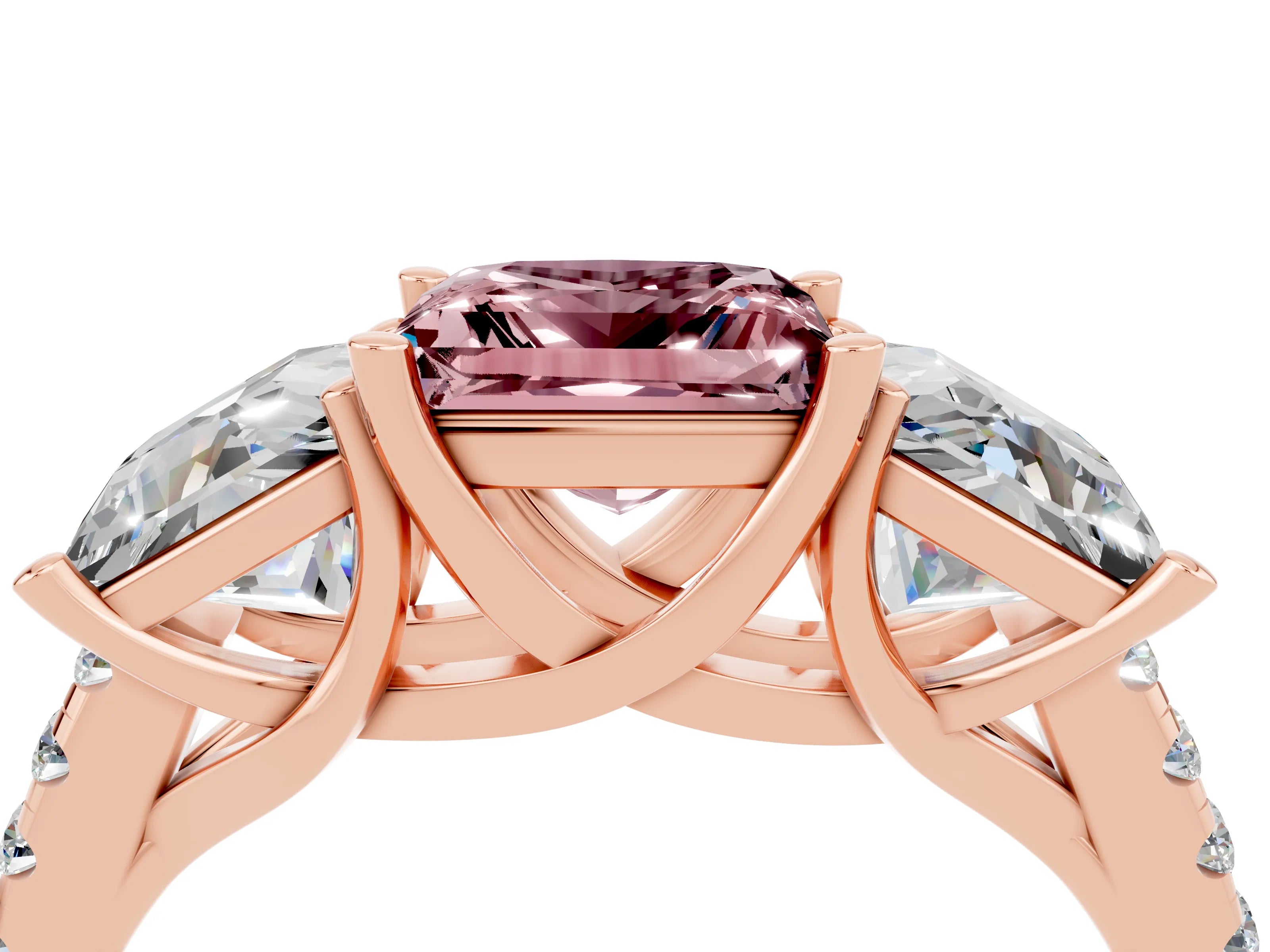 Rose gold Three-Stone Princess Cut Morganite Ring with Round  Pavé Band and Prong Setting_28