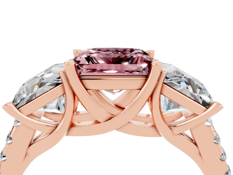 Rose gold Three-Stone Princess Cut Morganite Ring with Round  Pavé Band and Prong Setting_28
