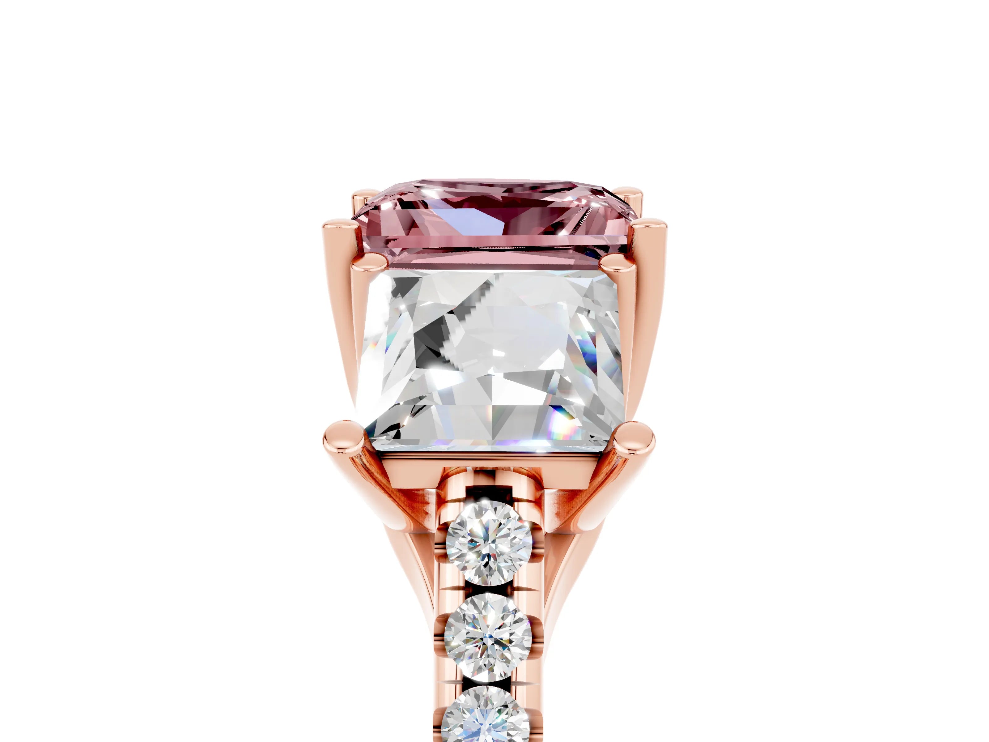 Rose gold Three-Stone Princess Cut Morganite Ring with Round  Pavé Band and Prong Setting_29