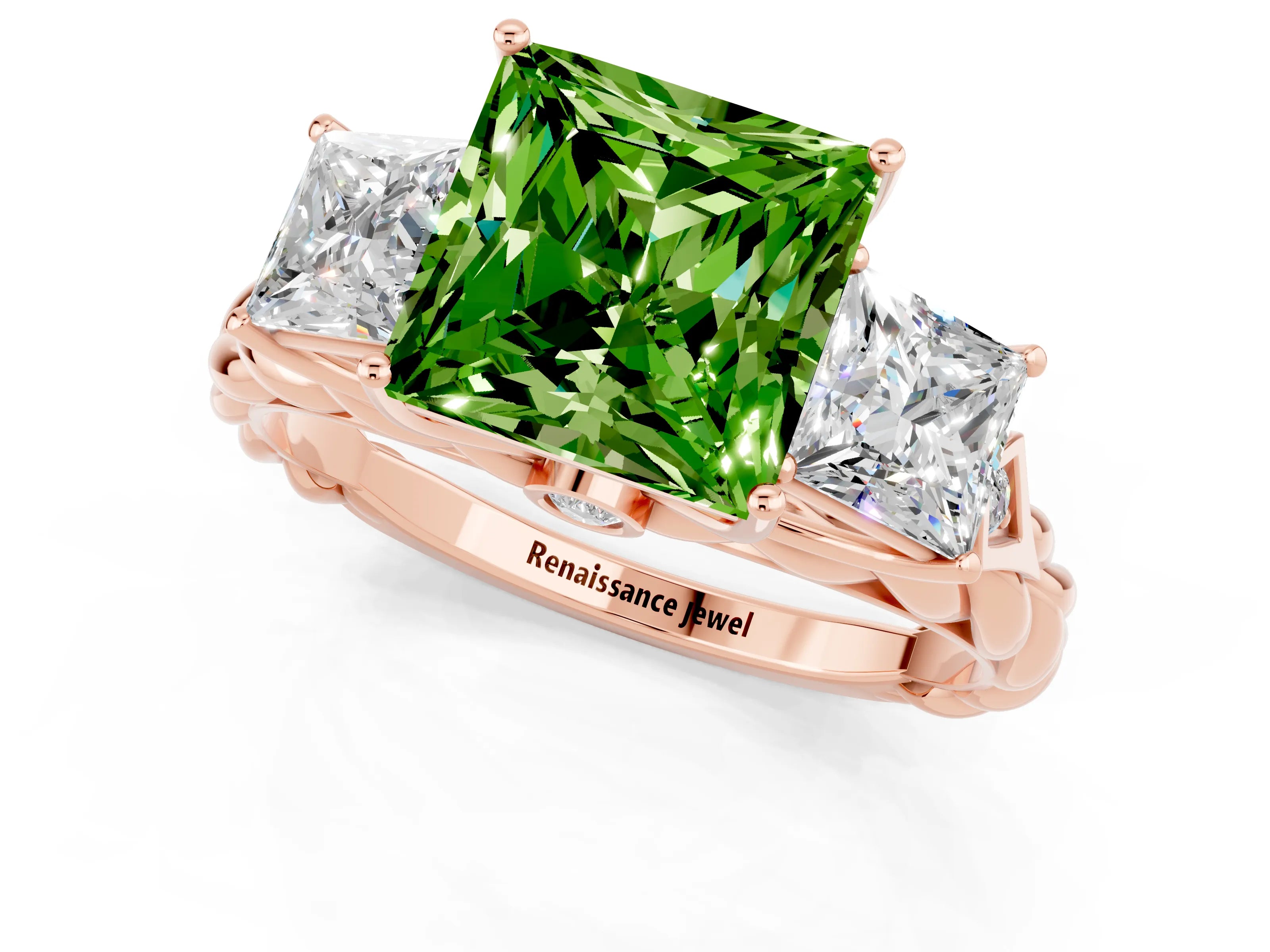 Rose gold Three-Stone Princess Cut Peridot Braided Band Ring with Four-Prong Setting_13