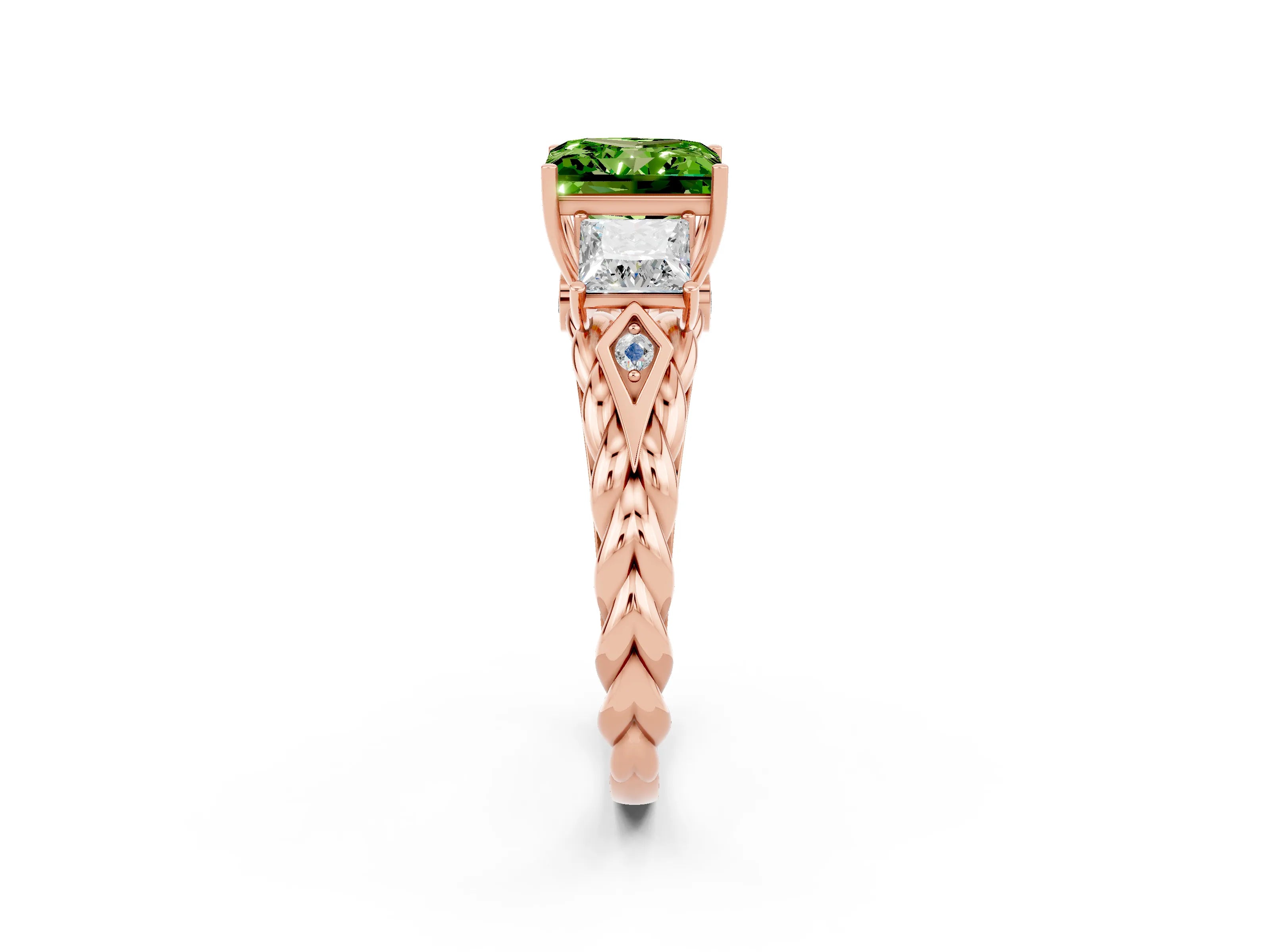 Rose gold Three-Stone Princess Cut Peridot Braided Band Ring with Four-Prong Setting_14