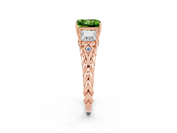 Rose gold Three-Stone Princess Cut Peridot Braided Band Ring with Four-Prong Setting