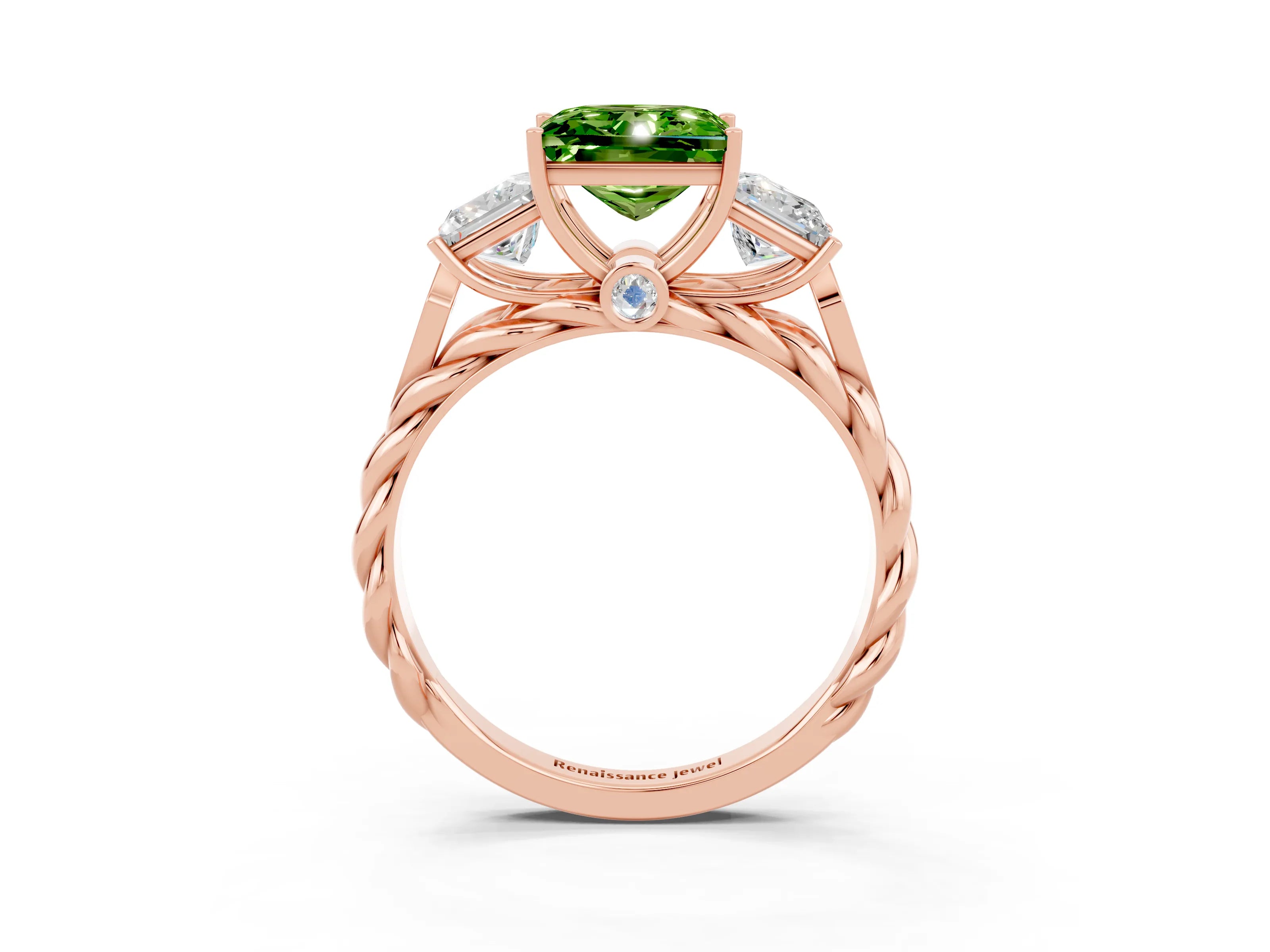 Rose gold Three-Stone Princess Cut Peridot Braided Band Ring with Four-Prong Setting_15