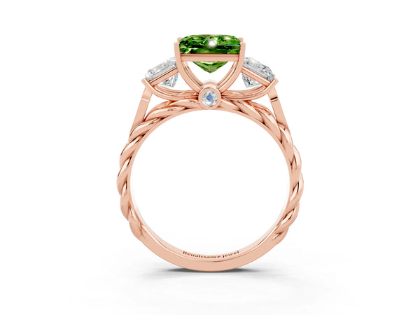 Rose gold Three-Stone Princess Cut Peridot Braided Band Ring with Four-Prong Setting