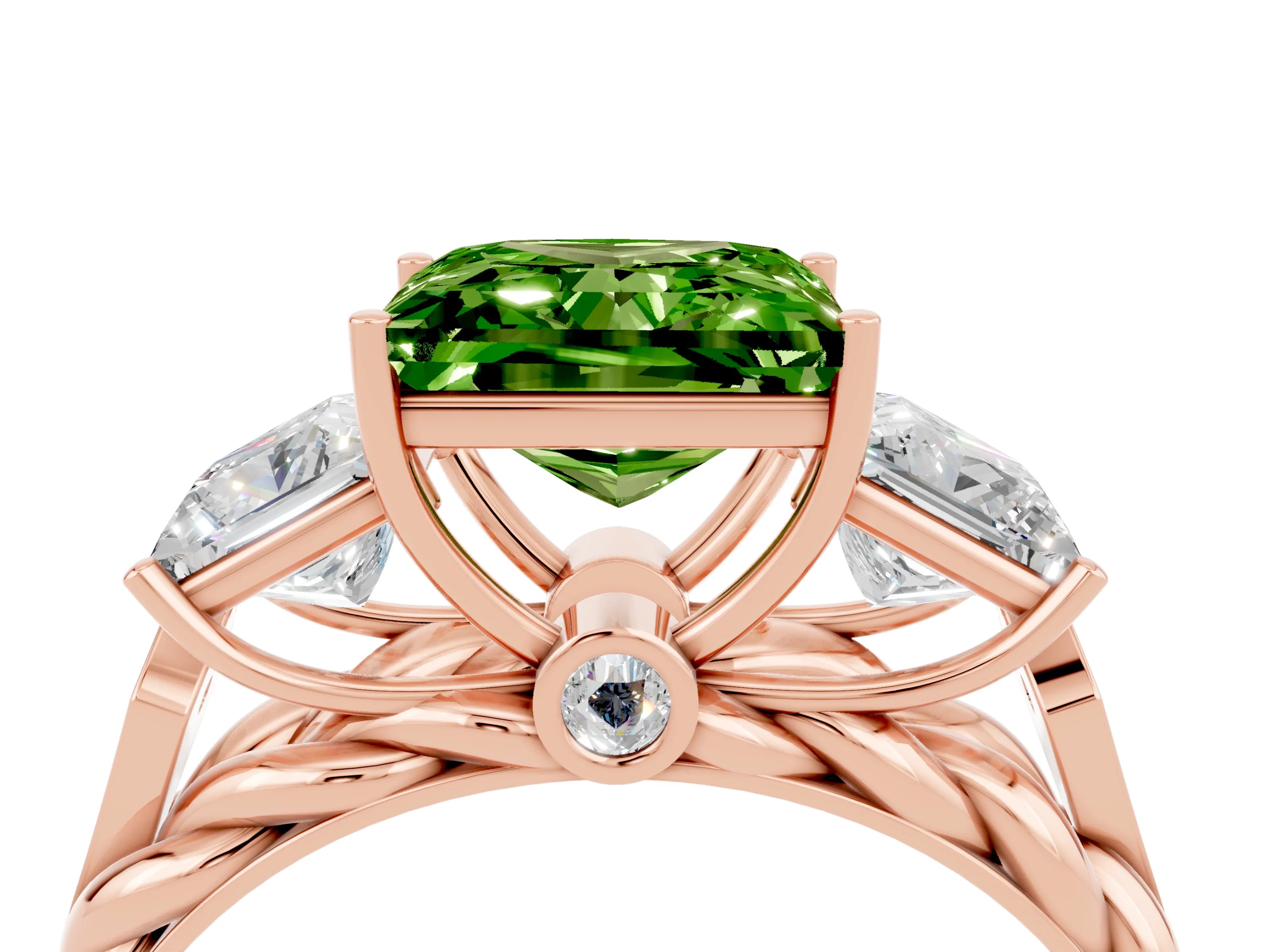 Rose gold Three-Stone Princess Cut Peridot Braided Band Ring with Four-Prong Setting_16