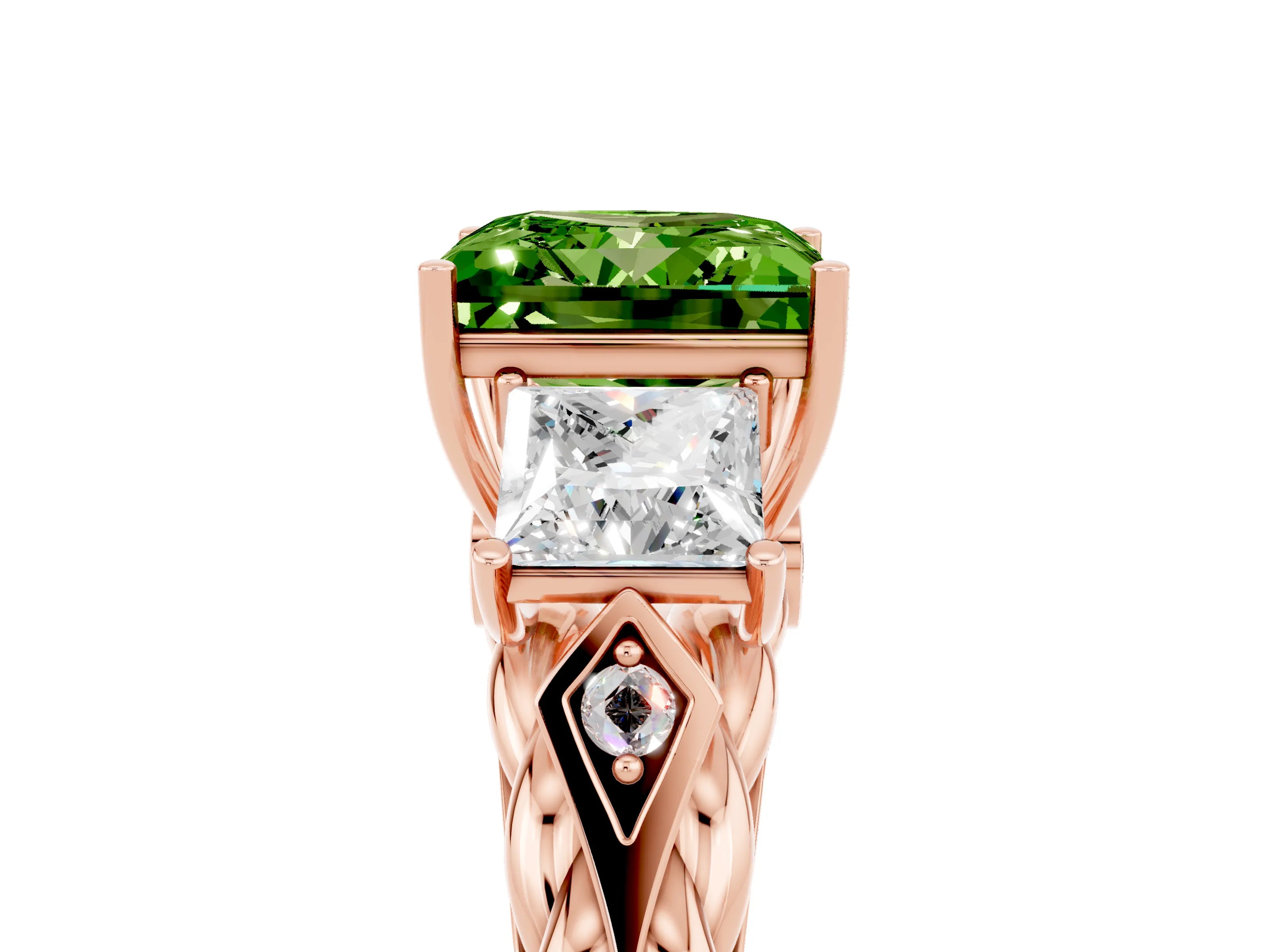 Rose gold Three-Stone Princess Cut Peridot Braided Band Ring with Four-Prong Setting_17