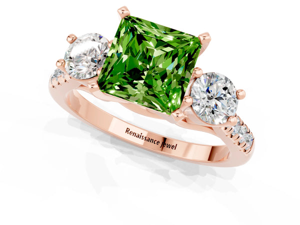 Rose gold Three-Stone Princess Cut Peridot Pavé Band with Four-Prong Setting