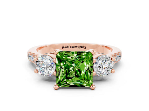 Rose gold Three-Stone Princess Cut Peridot Pavé Band with Four-Prong Setting
