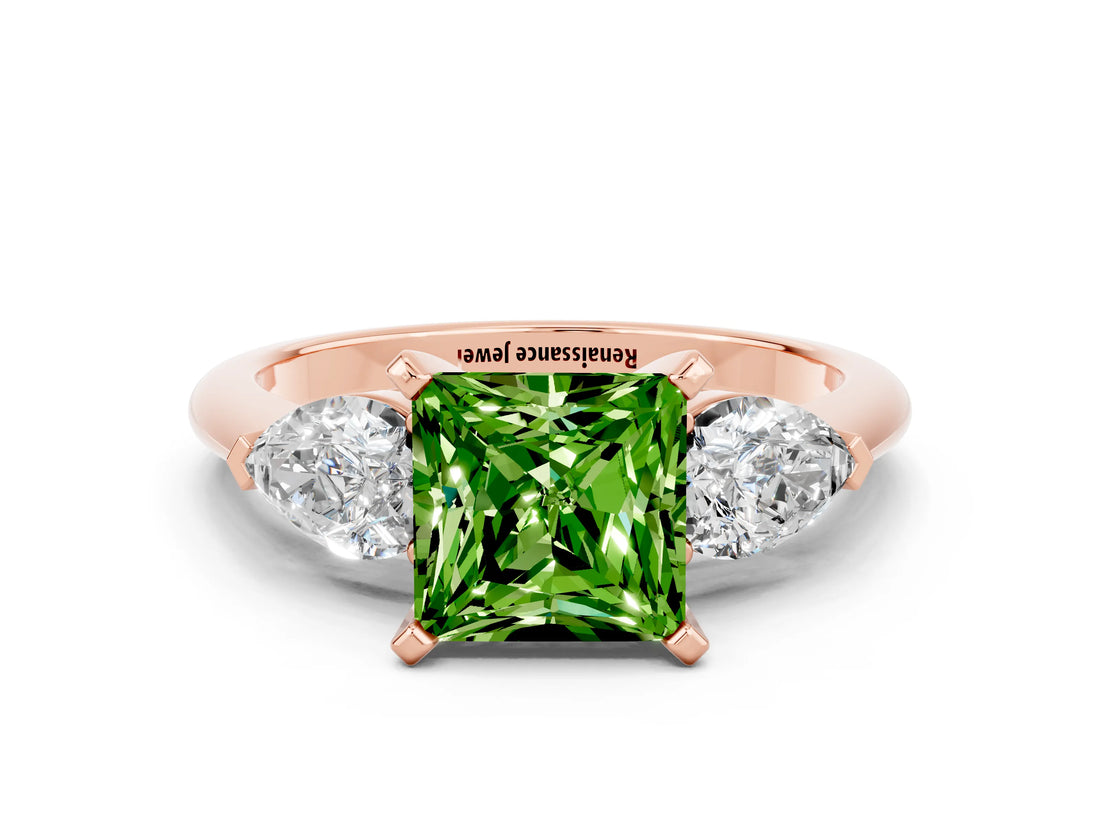 Rose gold Three-Stone Princess Cut Peridot Ring with Pear Side Stones and Four-Prong Setting