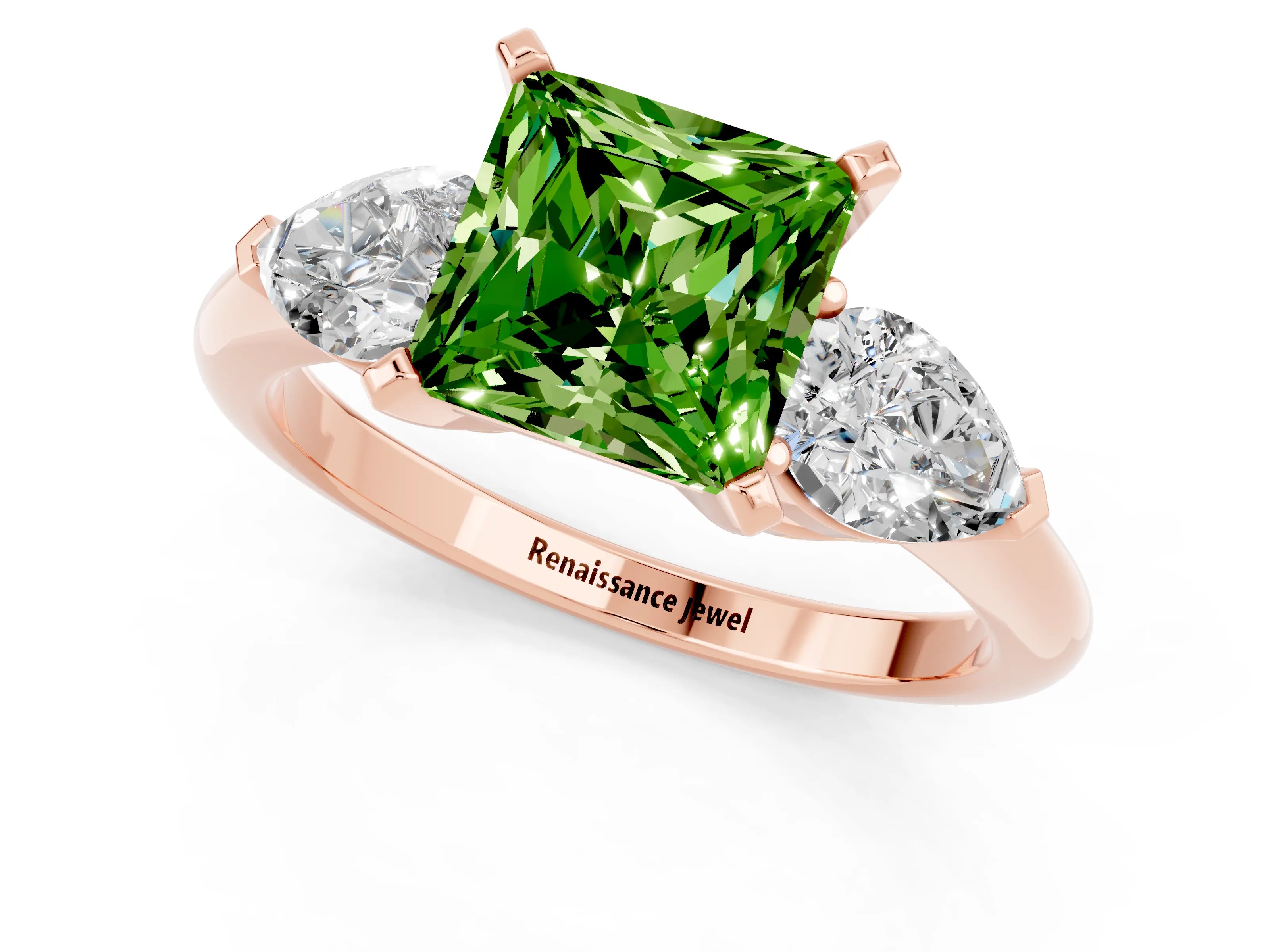 Rose gold Three-Stone Princess Cut Peridot Ring with Pear Side Stones and Four-Prong Setting_1