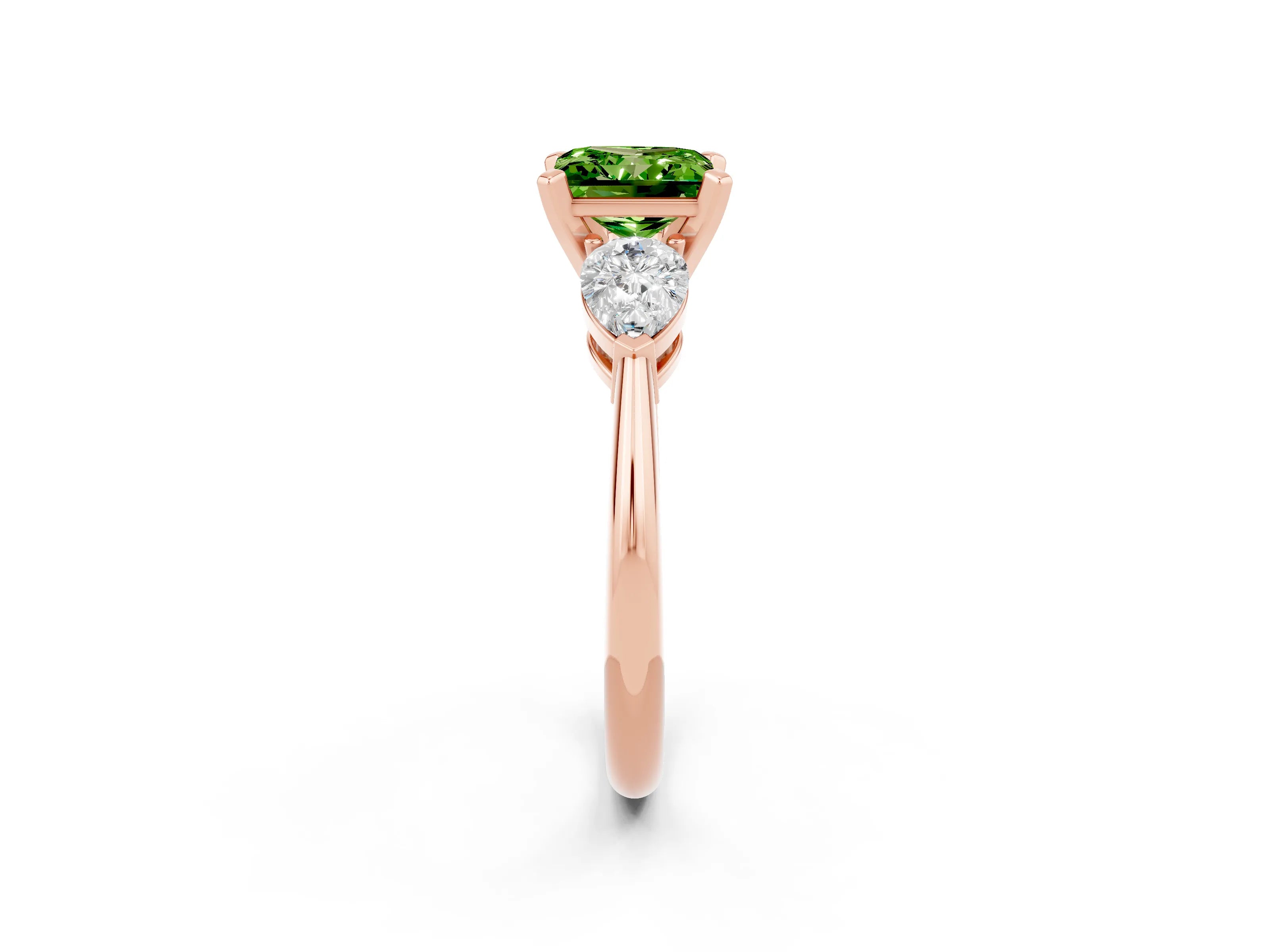 Rose gold Three-Stone Princess Cut Peridot Ring with Pear Side Stones and Four-Prong Setting_2