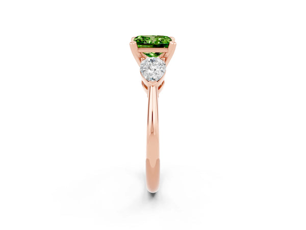 Rose gold Three-Stone Princess Cut Peridot Ring with Pear Side Stones and Four-Prong Setting