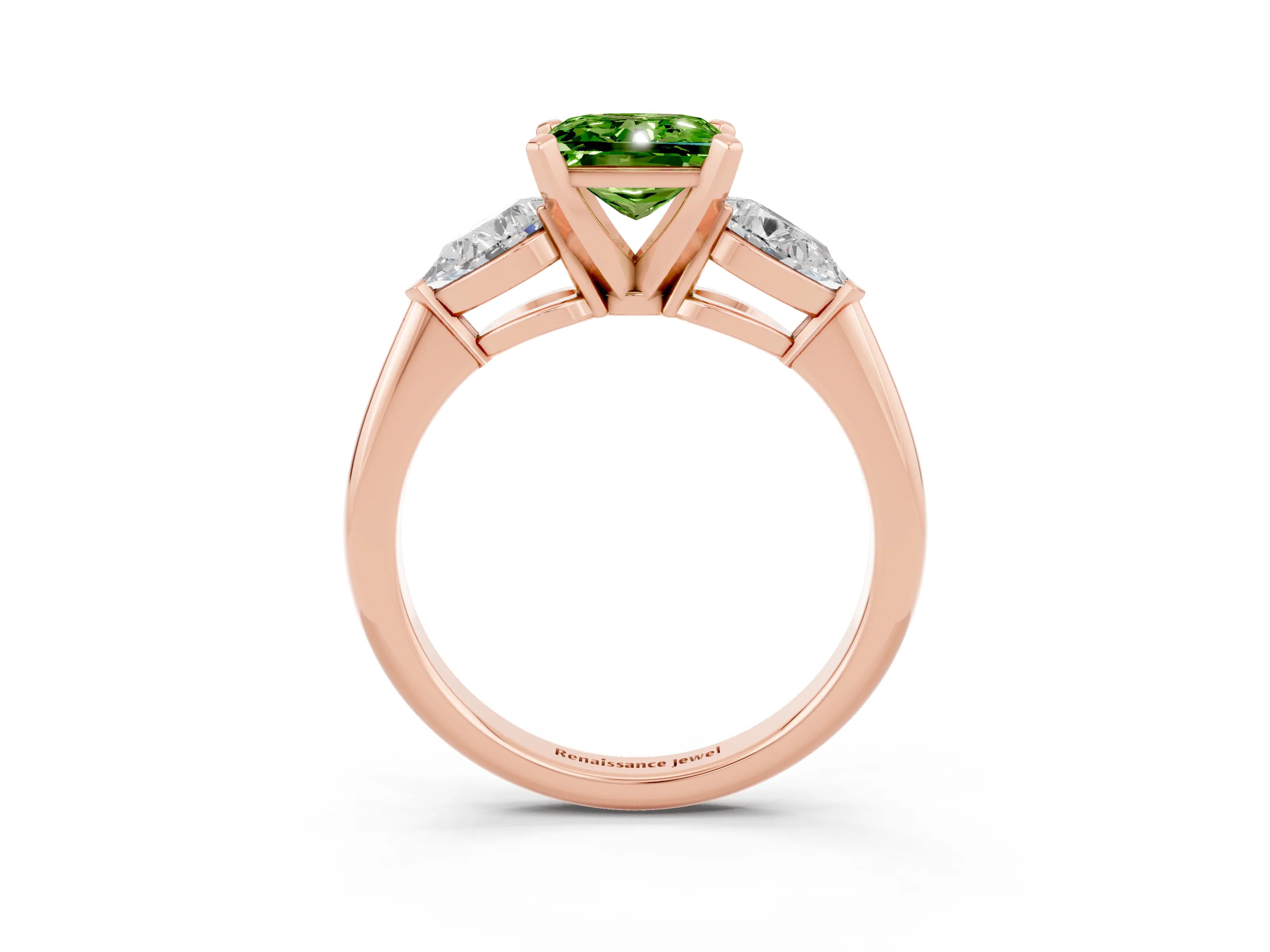 Rose gold Three-Stone Princess Cut Peridot Ring with Pear Side Stones and Four-Prong Setting_3