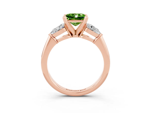 Rose gold Three-Stone Princess Cut Peridot Ring with Pear Side Stones and Four-Prong Setting